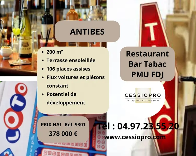 Restaurant, bar, tabac, PMU, FDJ, Antibes, terrasses ensoleillées, à développer.